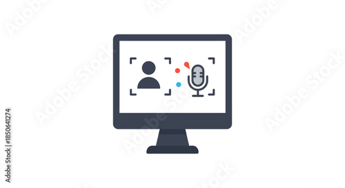 online webinar recording icon on computer monitor with user avatar and microphone flat vector illustration for video conference apps