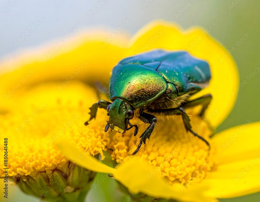 Naklejka premium Vibrant emerald beetle on bright yellow flower