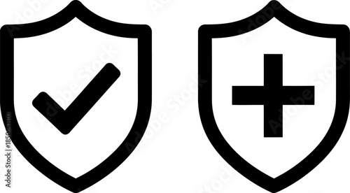 Simple Shield Icons with Checkmark and Cross Symbol Silhouette