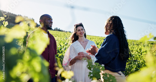 Vineyard, listen or people with tour guide on farm, agritourism or winery explanation for guest. Wine estate history, low angle or group with escort in grape field, outdoor or local travel experience