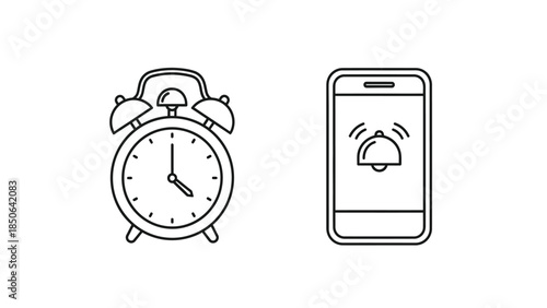 Comparing traditional alarm clock methods with modern smartphone notification alerts in a simple outline design