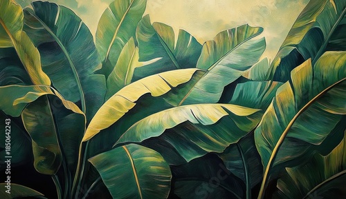 Wallpaper Mural overlapping large tropical banana leaves with painterly brushstrokes and vibrant green foliage evoking calm lush serenity Torontodigital.ca