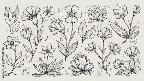 Collection of Hand Drawn Botanical Illustrations of Various Flowers and Leaves.