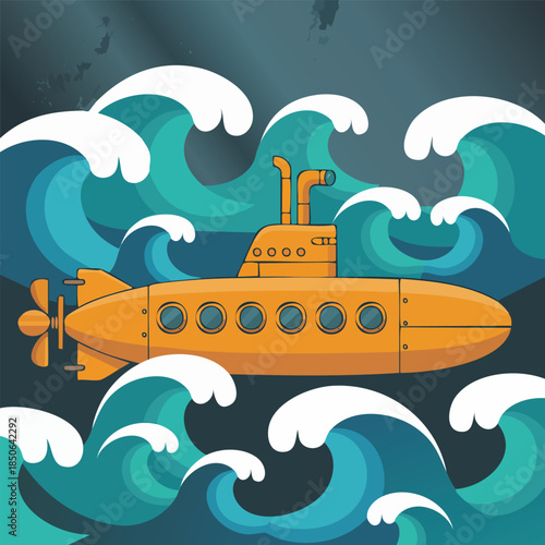 Yellow Submarine With Periscope And Portholes Floating.