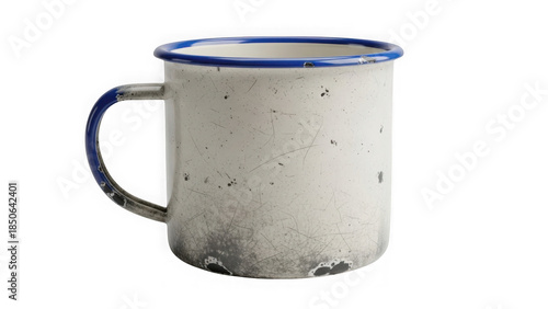 old metal mug with blue rim and handle