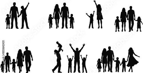 Family silhouette illustration set, joyful parent child poses, cad drawing flat vector artwork