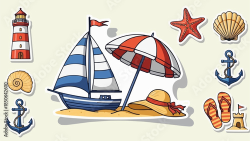 Nautical Beach Scene with Sailboat and Lighthouse.