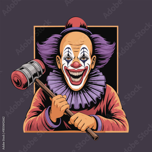 scary clown portrait holding a hammer.