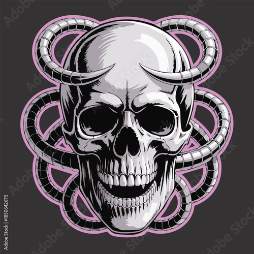 Sinister Skull with Ram Horns and Circular Mandala Design.