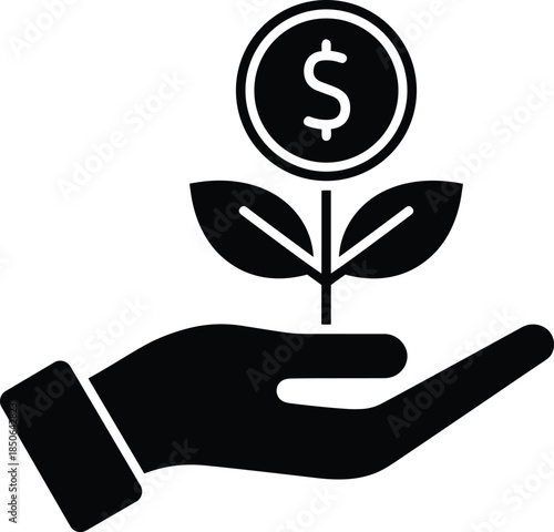 Financial growth and investment icon set, black and white illustration of nurturing money, savings, and economic sustainability concept graphic