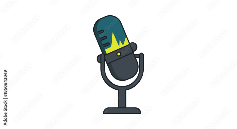Fototapeta premium podcast microphone icon with audio waveform flat vector illustration of studio recording equipment on white background for media branding