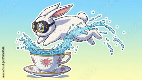 Rabbit jumping out of tea cup with water.