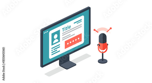 podcast recording concept with desktop computer screen and microphone modern flat illustration for online webinar streaming and content marketing