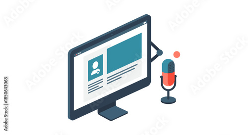 podcast recording setup with desktop computer screen and microphone flat vector illustration for online streaming and digital content