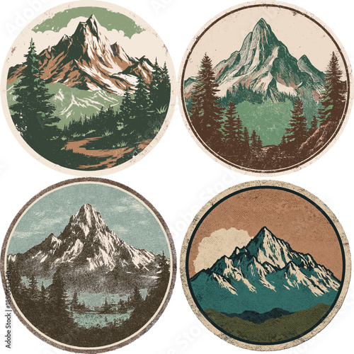Mountain landscape illustrations in circular frames with forests lakes and peaks. Nature scenery artwork inspired by travel adventure and outdoor exploration themes.