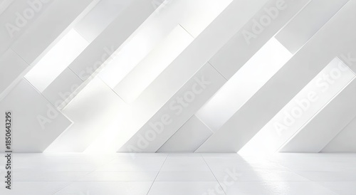 Wallpaper Mural Minimal white interior with diagonal angled wall panels and rectangular openings casting soft light and shadows across a bright tiled floor, calm and serene atmosphere Torontodigital.ca