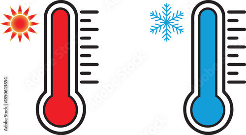 Red and Blue Thermometer Icons Representing Hot and Cold Weather Extremes