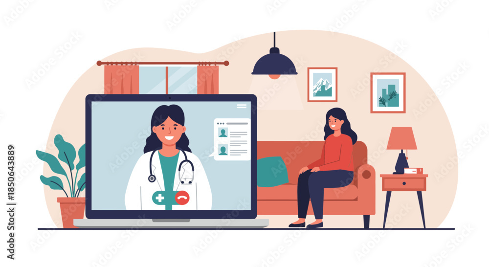 Fototapeta premium A doctor consults with a patient remotely on a large screen in a cozy living room setting.