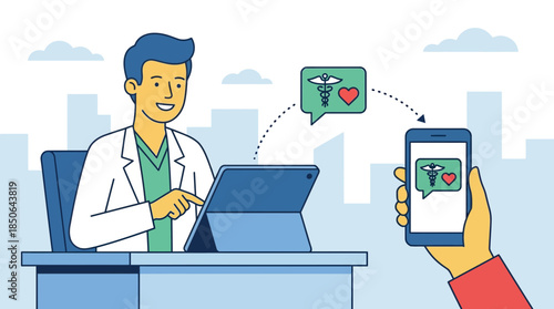 Doctor interacting with digital health technology on a mobile device in a modern office setting