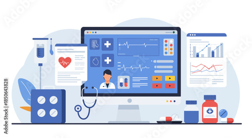 Medical Professional Analyzing Health Data on Computer Screen in Modern Healthcare Setting