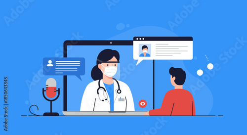 Doctor consulting patient through video call on laptop with speech bubbles and microphone