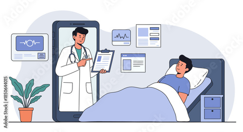 Doctor consulting with patient in hospital room via large digital screen displaying medical records and test results