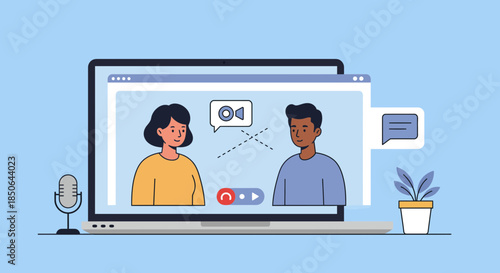 Two people engaging in an online video conversation on a laptop with a microphone and a plant nearby