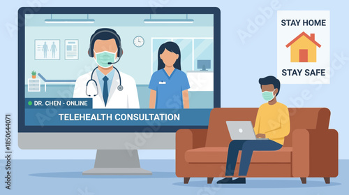 A man having a telehealth consultation with doctors on a computer screen from a couch