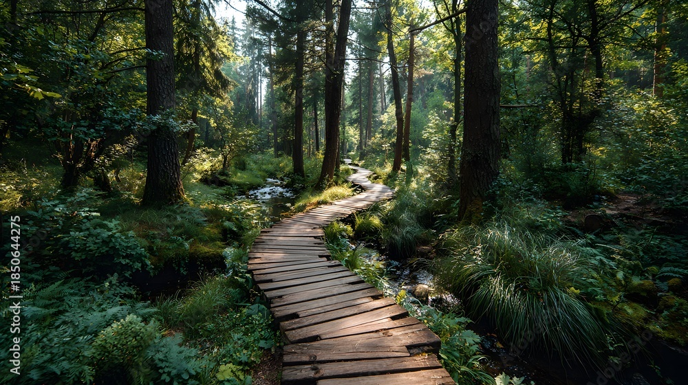 Obraz premium Winding wooden boardwalk path leads through lush green sunlit forest where tall trees cast shadows creating peaceful tranquil atmosphere.