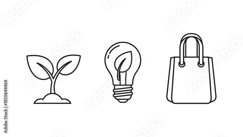 Line art icons representing environmental concepts like growth energy saving and sustainable shopping options
