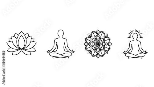 Collection of simple black line art icons representing meditation yoga lotus flower and spiritual enlightenment symbols