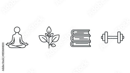 Wellness icons representing physical fitness mental health knowledge and natural living shown in a simple line art style
