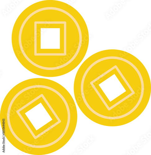 Ancient Chinese gold coin illustration representing wealth, prosperity, and fortune in traditional Asian culture. Flat vector design suitable for financial themes, holiday visuals, and festive brandin