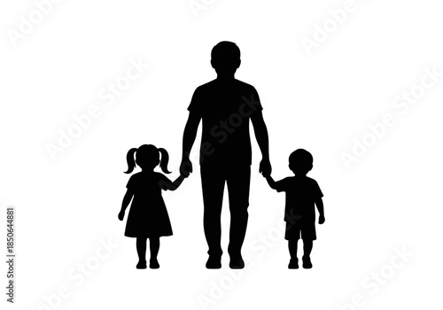 Father Walking with Daughter and Son Silhouette, Black Vector Illustration of Happy Family