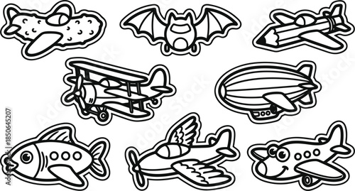 Cartoon airplane and aircraft illustrations with fish and bat