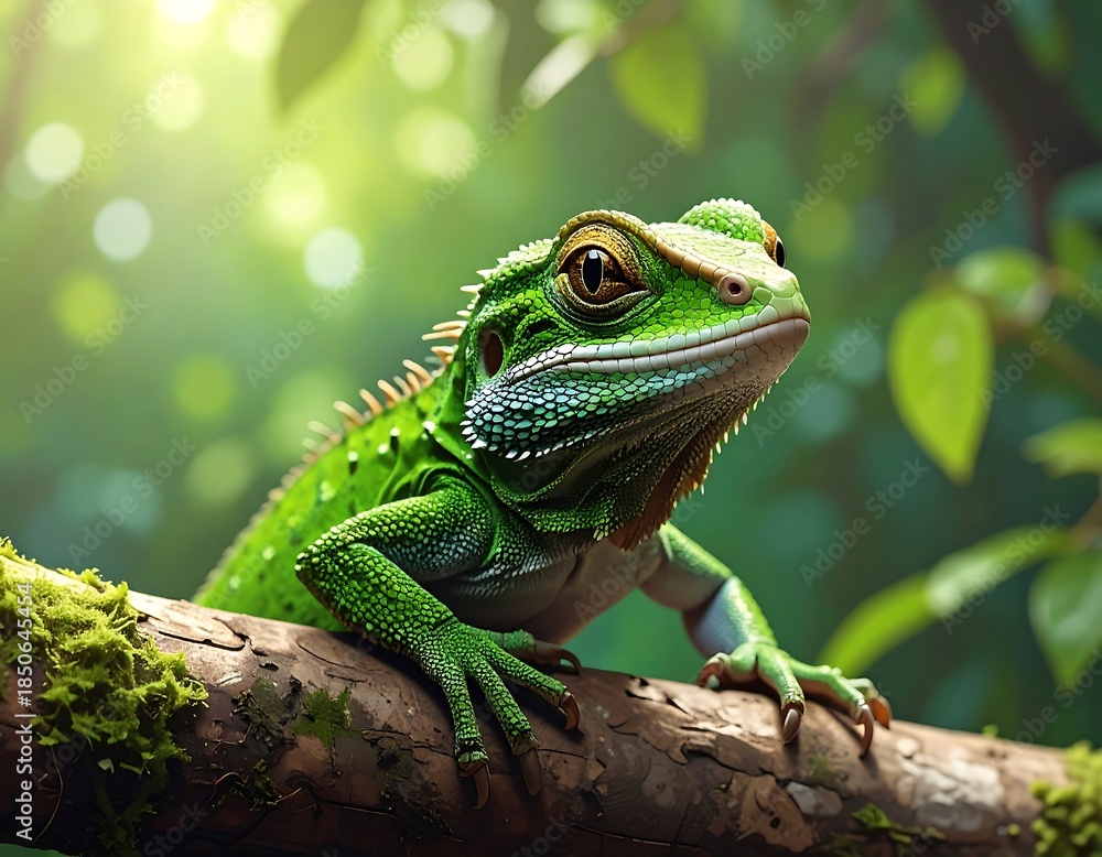 Fototapeta premium Vibrant green lizard on a mossy branch in a lush forest