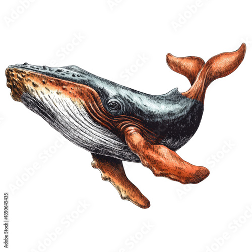 Artistic illustration of a majestic humpback whale swimming.