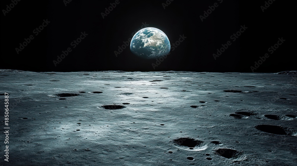 custom made wallpaper toronto digitalDesolate moon surface with scattered craters and Earth rising above the dark horizon, a silent awe-inspiring scene