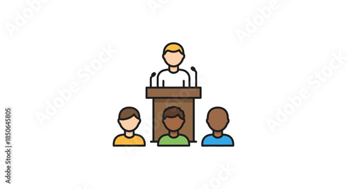 public speaker giving presentation at podium to diverse audience group on white background simple flat line icon for leadership and training