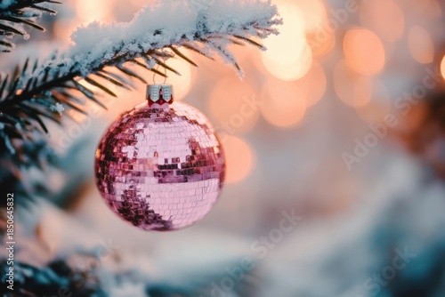 Wallpaper Mural Pink mirrored ornament hanging from a snow-dusted evergreen branch with warm golden bokeh lights, creating a cozy festive winter mood Torontodigital.ca