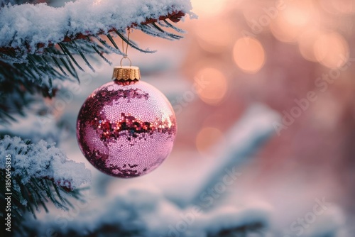 Wallpaper Mural pink glitter bauble hanging from a snow-covered pine branch with warm bokeh lights and soft pastel sunset glow, evoking a cozy peaceful holiday mood Torontodigital.ca