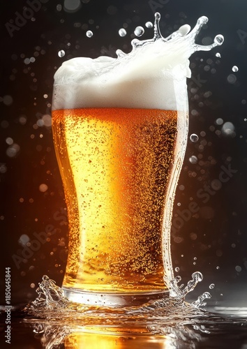 Wallpaper Mural Tall pint glass of amber beer with a frothy white head bursting into a lively splash of droplets, effervescent bubbles and a refreshing golden glow Torontodigital.ca