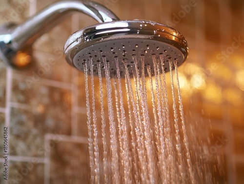 Wallpaper Mural Close-up of chrome shower head releasing streams of water and droplets against warm tiled bathroom wall, soft golden light, soothing and refreshing mood Torontodigital.ca