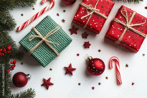 Wallpaper Mural festive holiday flat lay of wrapped gifts, candy canes, pine branches, red baubles, glitter stars and twine bows on white background conveying cozy joyful cheer Torontodigital.ca
