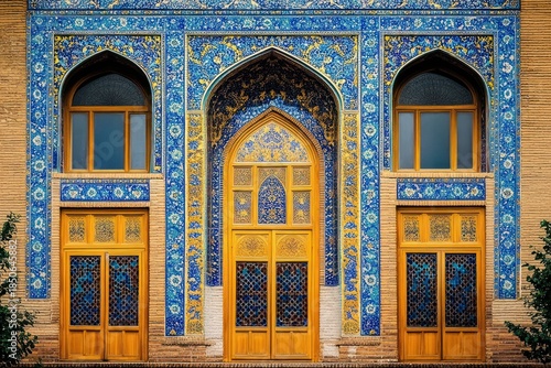Wallpaper Mural ornate blue and gold tiled facade with three arched wooden doors and lattice windows, symmetrical decorative mosaic entrance, majestic and vibrant Torontodigital.ca