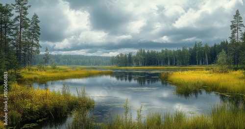 Wallpaper Mural Calm marsh lake with golden reeds, reflective water, pine and birch forest under heavy cloudy sky, misty and tranquil atmosphere Torontodigital.ca
