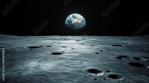 Wallpaper Mural Desolate moon surface with scattered craters and Earth rising above the dark horizon, a silent awe-inspiring scene Torontodigital.ca