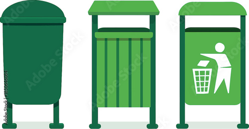Three Green Trash Bins for Public Waste Management