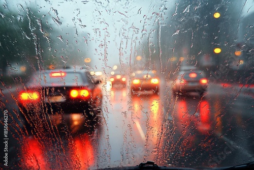 Wallpaper Mural rain-splattered windshield framing blurred cars and glowing taillights on a wet city street at dusk with reflective puddles and a moody, contemplative atmosphere Torontodigital.ca