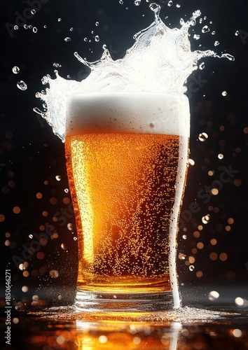Wallpaper Mural Tall glass of amber beer with foamy head and sparkling bubbles as liquid splashes upward against a dark bokeh background, lively refreshing and celebratory Torontodigital.ca